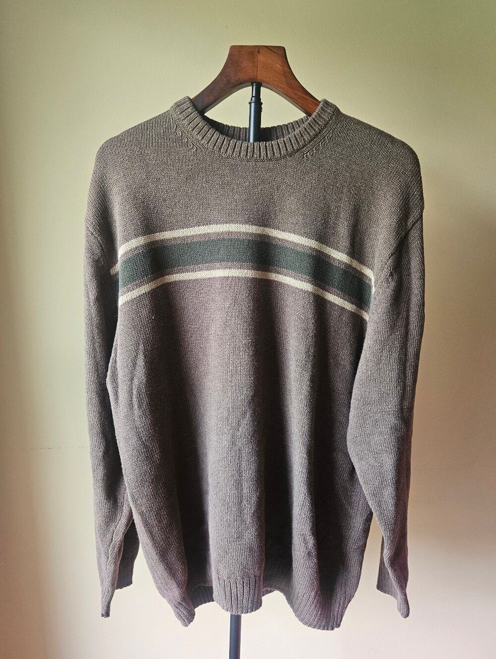 Basic Editions Brown And Green Striped Crewneck Sweater Size Large